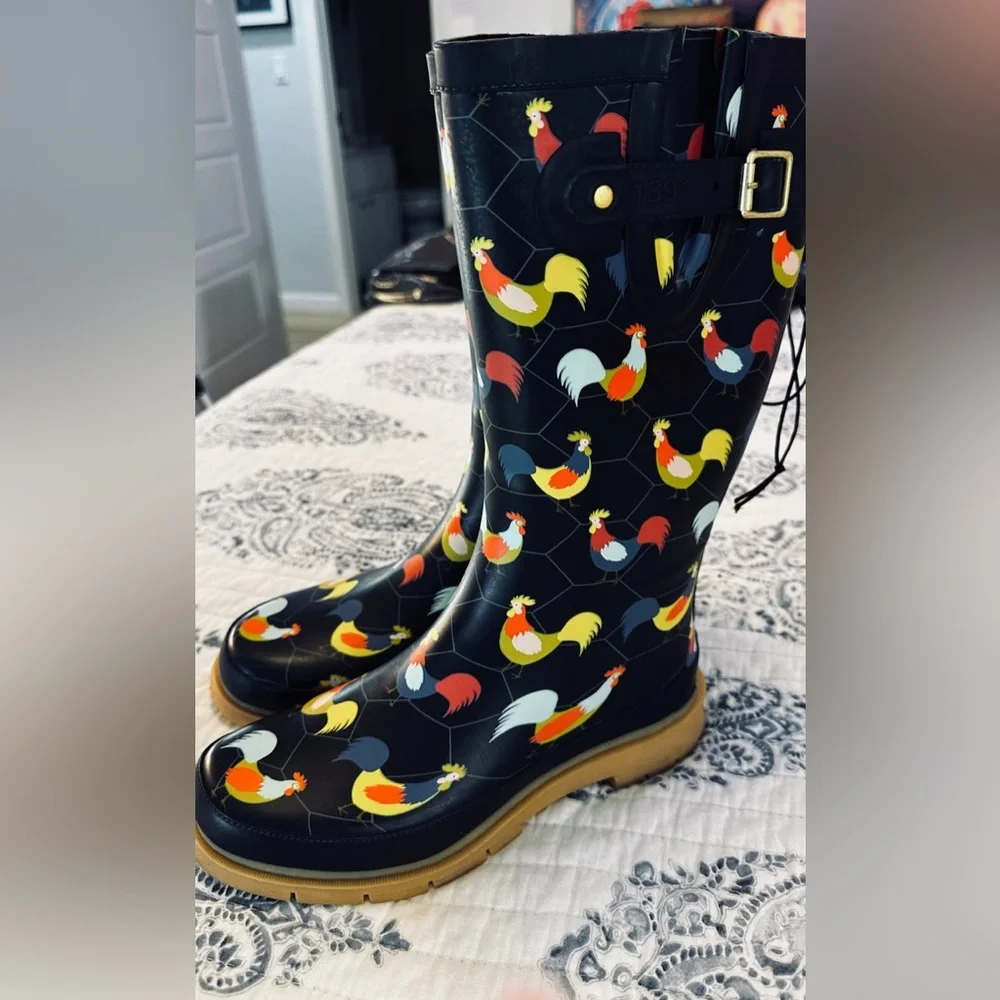 Western Chief Chicken Print Rain Boots Womens 6‎ NWT Rooster Farm